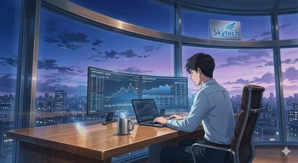Homem trabalhando com notebook e dois monitores exibindo gráficos financeiros em um escritório moderno com vista para a cidade ao pôr do sol, no estilo artístico de Makoto Shinkai, com o logotipo Skytech ao fundo.