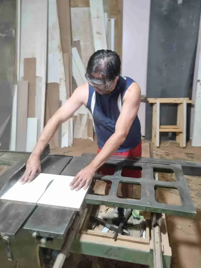 FSkyTC founder executing precision carpentry and structural wood manufacturing on a table saw.
