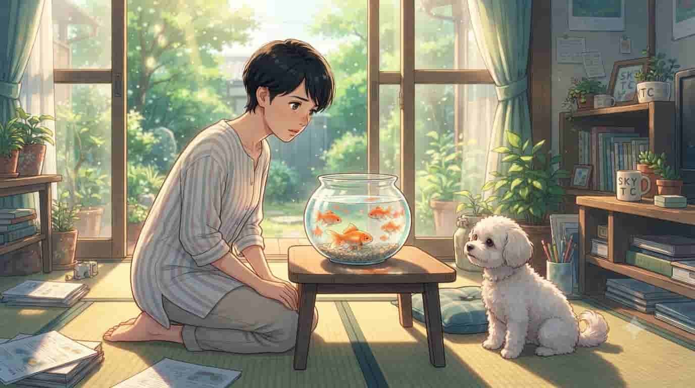 A 45-year-old Japanese woman and her small white Maltipoo dog looking at a goldfish in a bowl sitting on the bottom, in an anime-style living room by SkyTC.