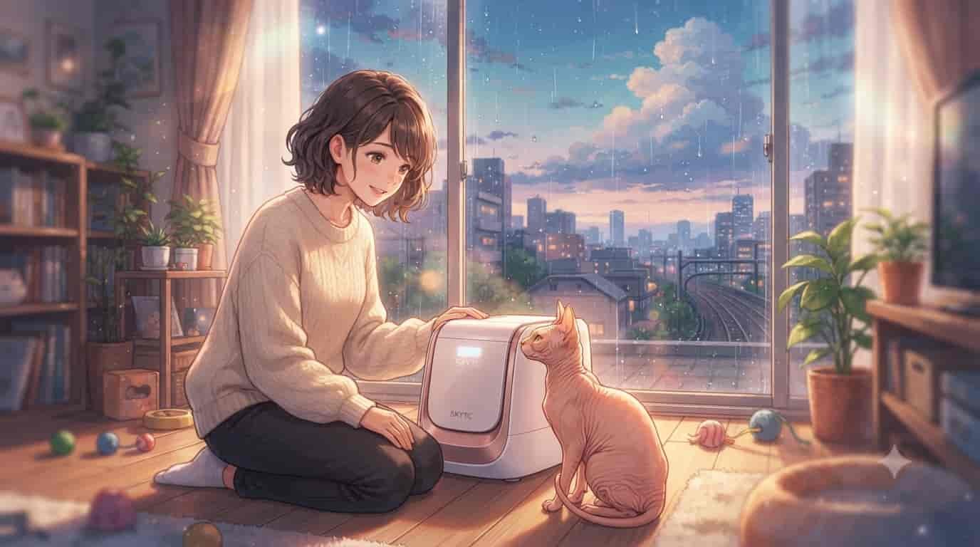 An anime-style illustration showing a woman and her Sphynx cat interacting with a modern SKYTC automatic litter box in a cozy, rain-lit apartment.