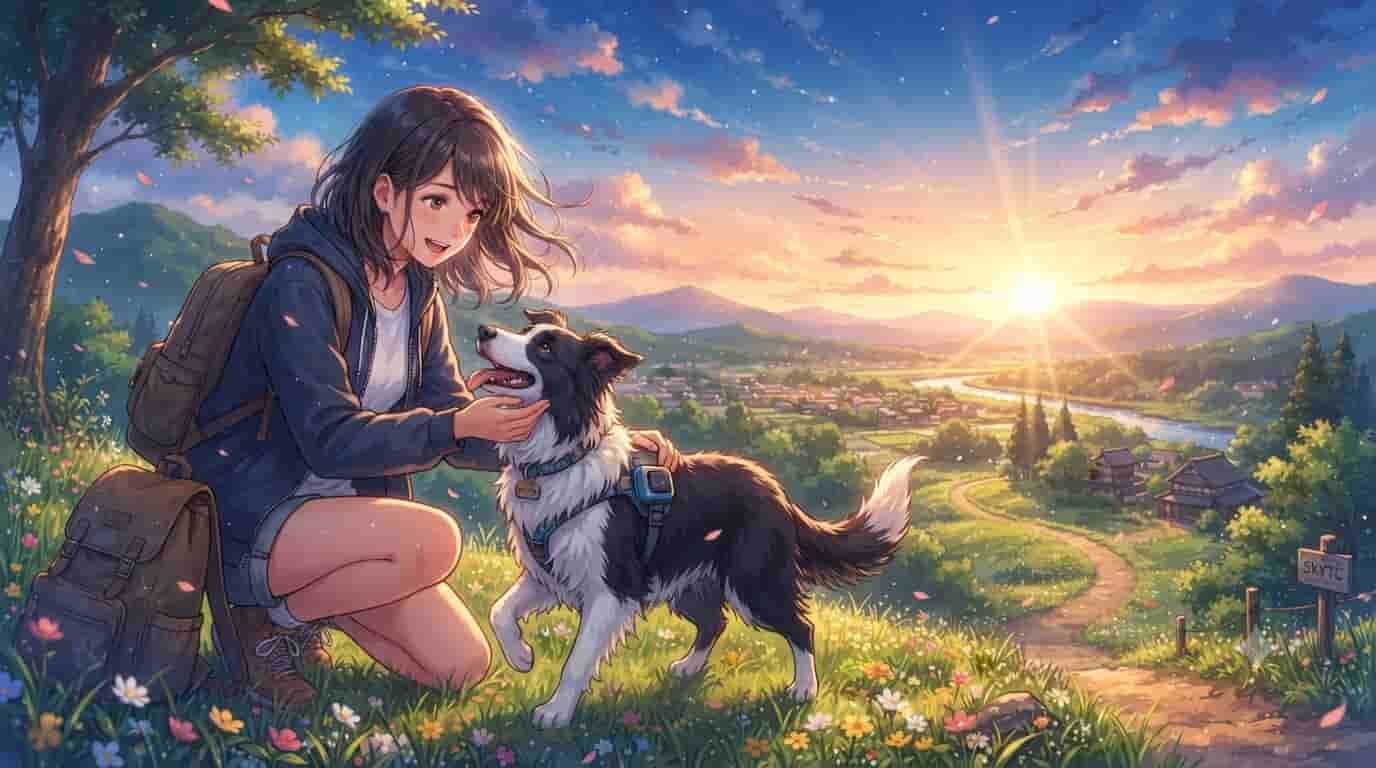 An anime-style illustration of a smiling woman hiking with a Border Collie wearing a blue SKYTC GPS tracking device in a scenic mountain landscape at sunset.
