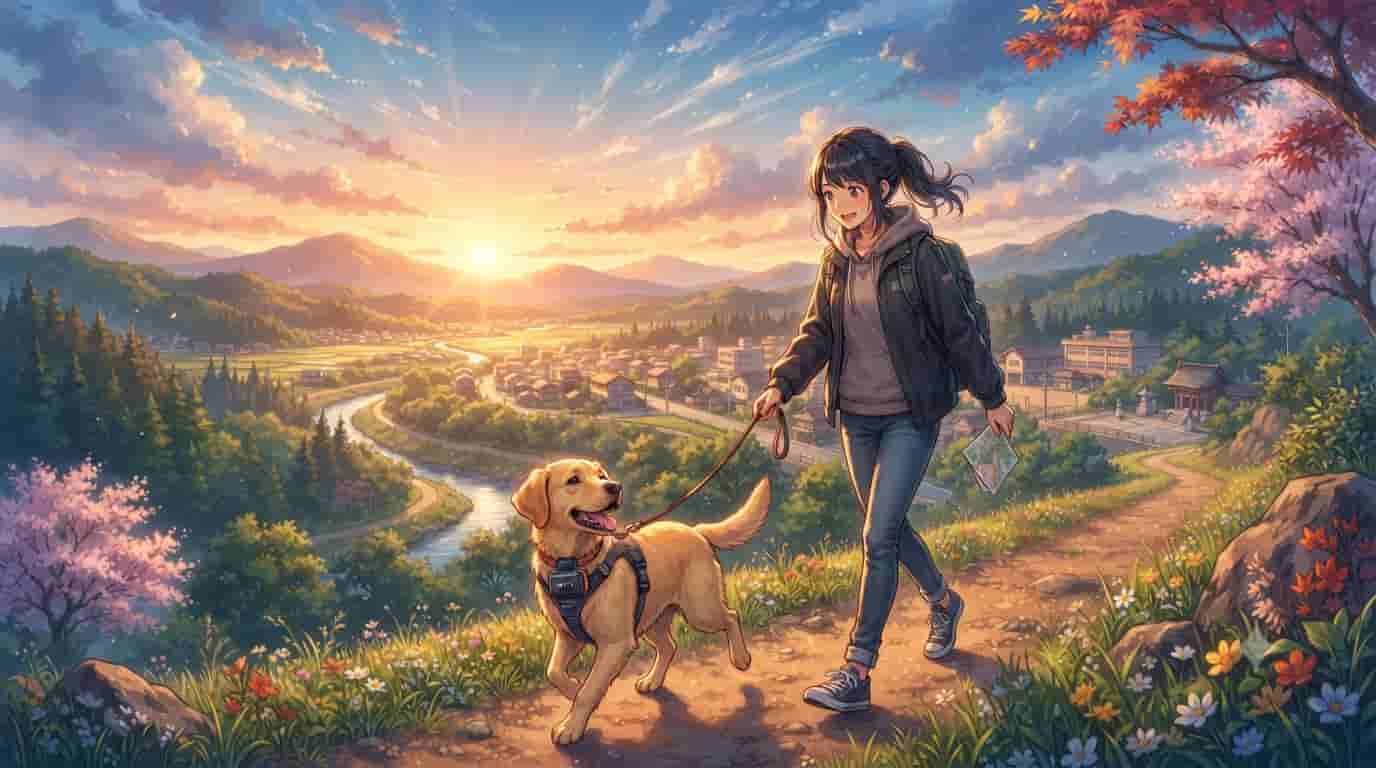 Ilustração estilo anime de uma mulher caminhando com seu Labrador usando um rastreador GPS da SKYTC ao pôr do sol.