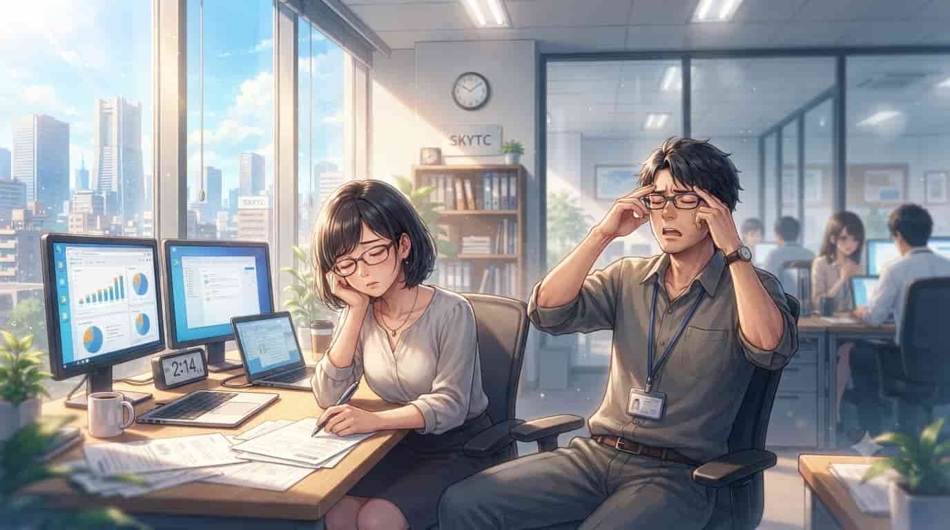 A Makoto Shinkai-style anime illustration of a 40-year-old man and woman struggling with post-lunch fatigue and brain fog in a brightly lit modern office. The man rubs his temples while the woman looks drowsy. Monitors show charts and the clock reads 2:14 PM. A 'SKYTC' sign is visible in the background.