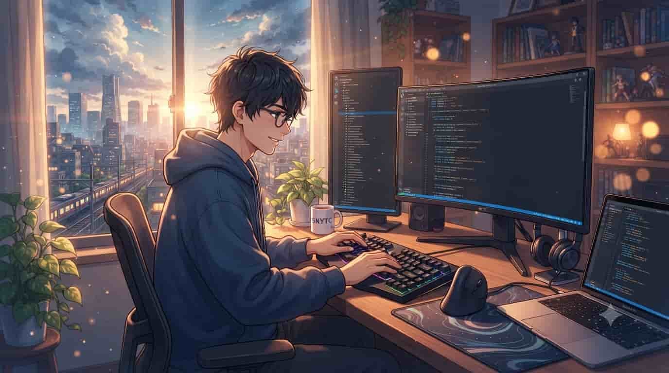 A programmer typing rapidly on a split mechanical keyboard with RGB lighting in a modern home office.