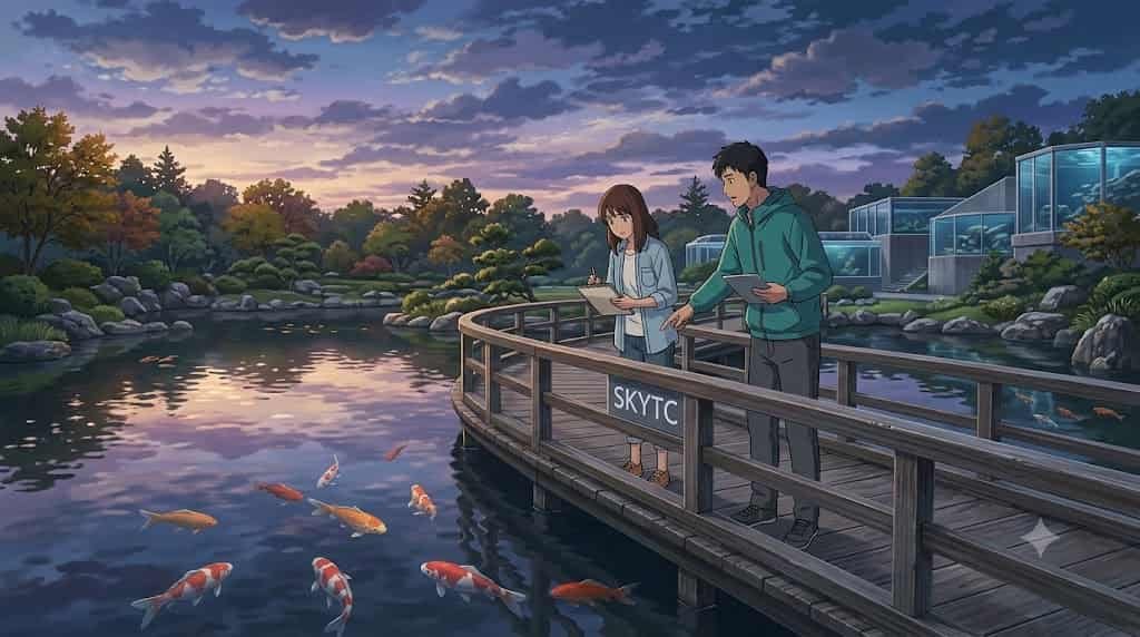 A detailed illustration showing a couple overlooking a large pond project by skytc, with kinguios swimming under an open sky.