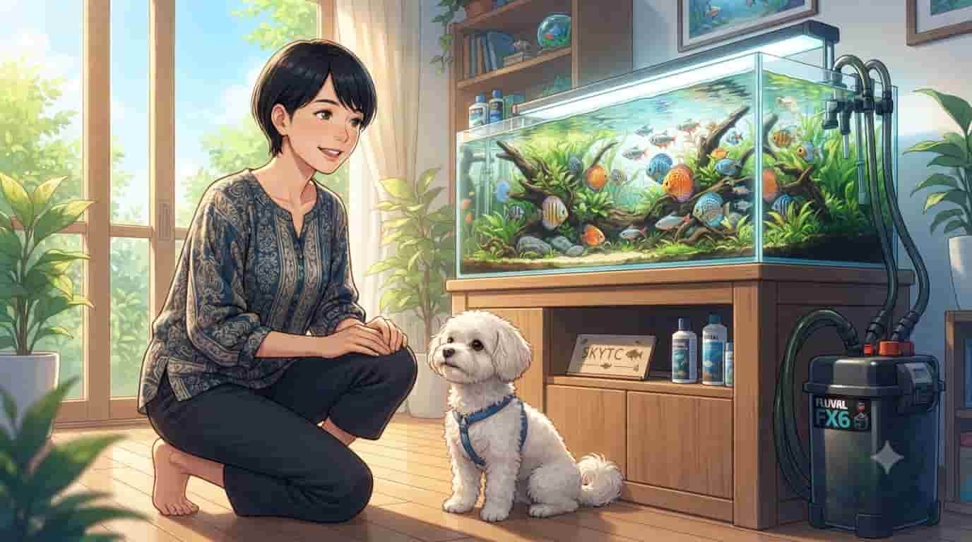 A detailed anime-style illustration of a 45-year-old Japanese woman and her Maltipoo dog kneeling in a sunlit living room beside a large, planted aquarium using a Fluval FX6 canister filter, with a small 'Skytc' sign visible.