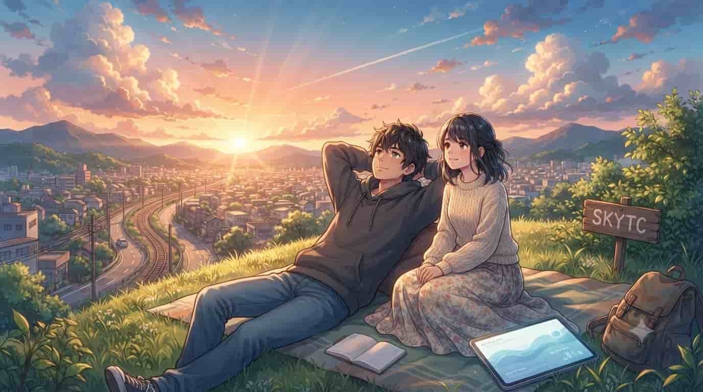An anime-style illustration of a couple relaxing on a grassy hill overlooking a city at sunset, with a 'SKYTC' sign and a tablet showing biological data charts.