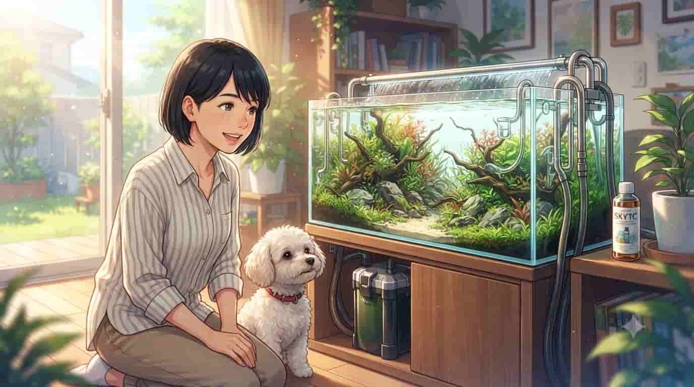 An anime-style illustration of a woman and a dog looking at a lush planted aquarium with a SkyTC canister filter and clear spray bar.