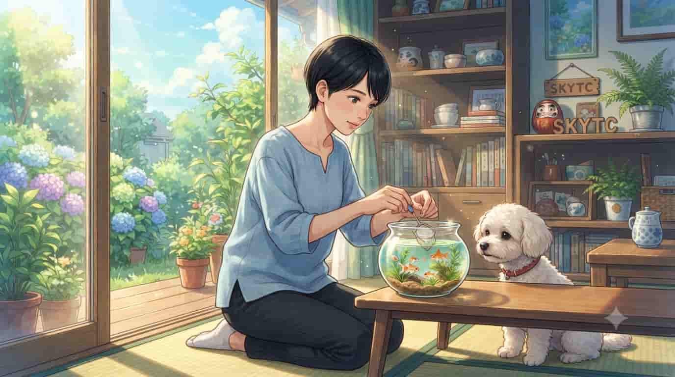 An anime-style illustration of a woman with a pixie cut and her Maltipoo dog using a net in a small goldfish bowl inside a sunlit room, with 'SKYTC' visible on a shelf.