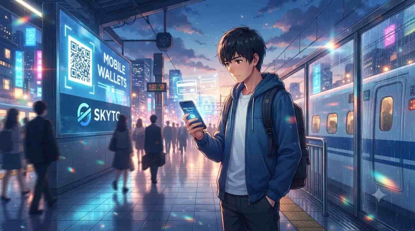 Anime illustration of a man on a train platform using a mobile wallet app with a secure padlock icon, next to a large SKYTC billboard.