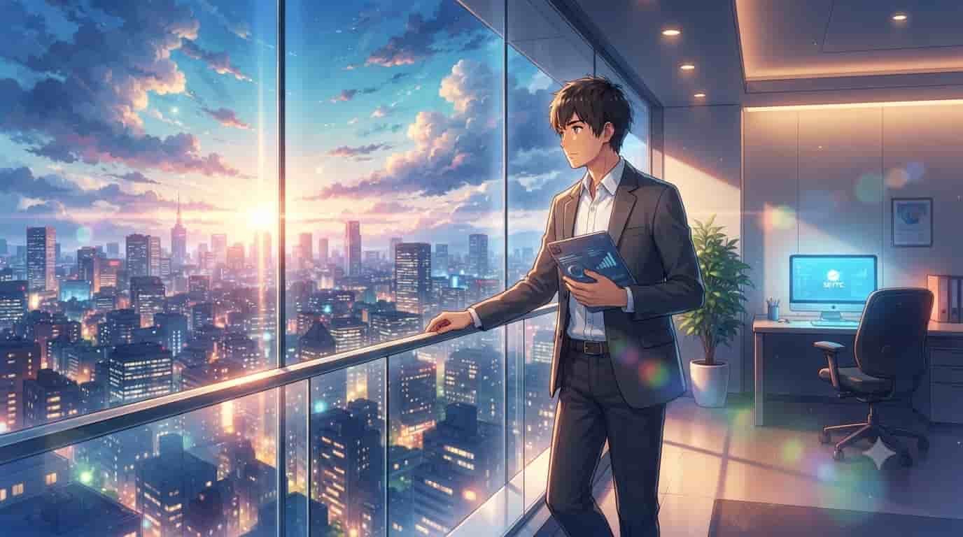 An anime illustration of a businessman looking over a futuristic Tokyo skyline, symbolizing modern office productivity and cost efficiency.