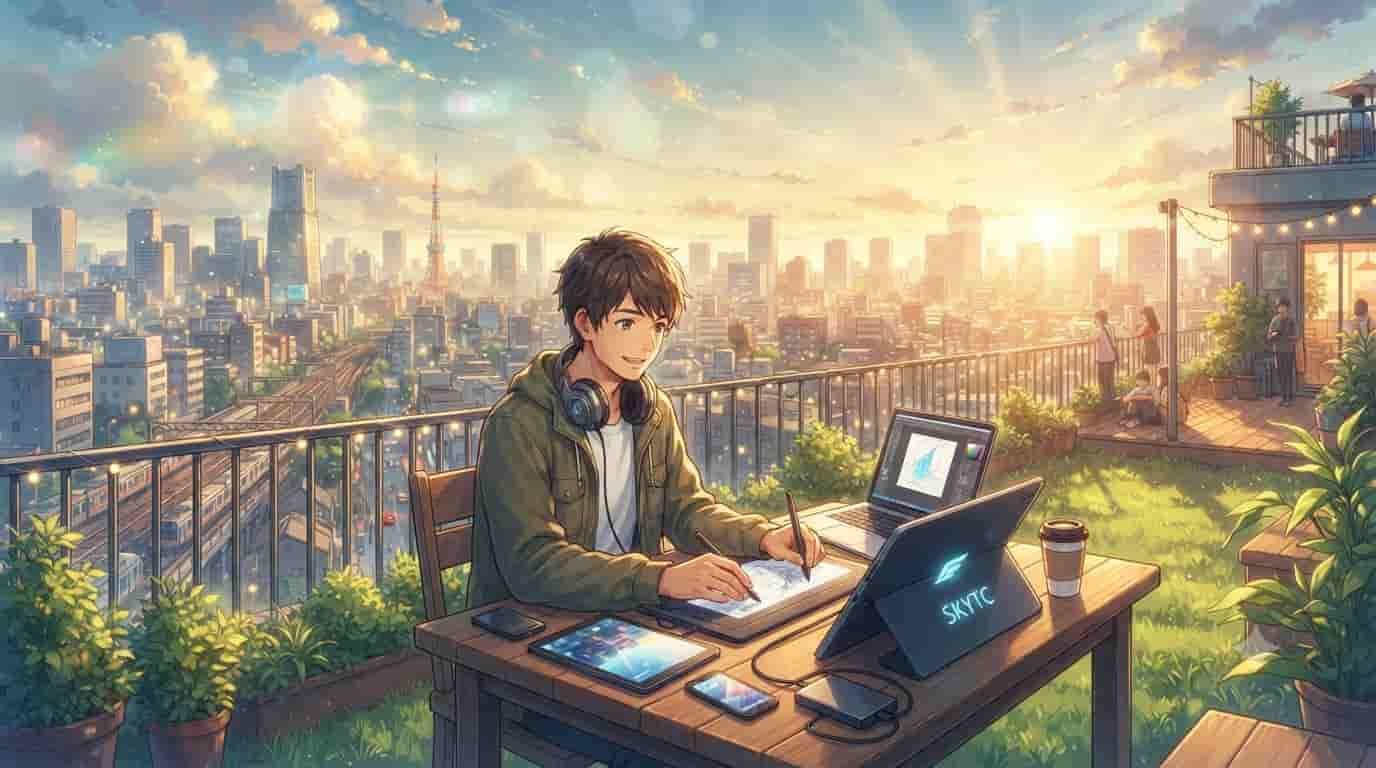Anime digital artist uses affordable SKYTC tech tools on a Tokyo rooftop at sunset.