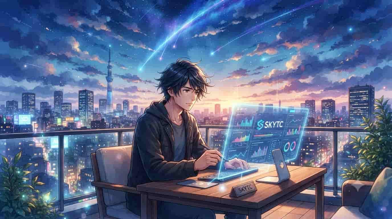 An anime-style man on a city balcony using SKYTC algorithmic portfolio management software.