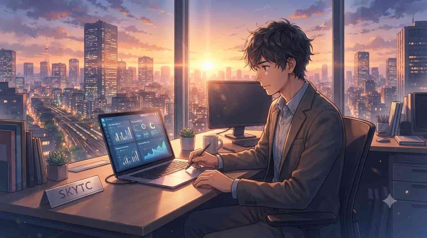 A anime-style illustration of a businessman using SKYTC intelligent allocation software on a laptop in a high-rise office overlooking a Tokyo cityscape at sunset.