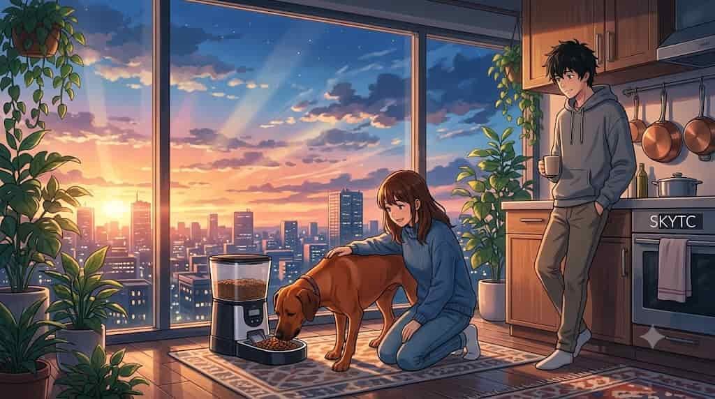 An anime illustration from skytc showing a Rhodesian Ridgeback eating from an automatic feeder in a kitchen with a man and a woman.