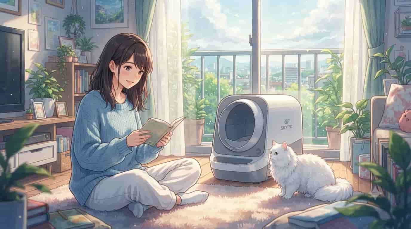 An anime-style illustration of a woman reading in a sunlit apartment living room with a Persian cat and a SKYTC automatic litter box.
