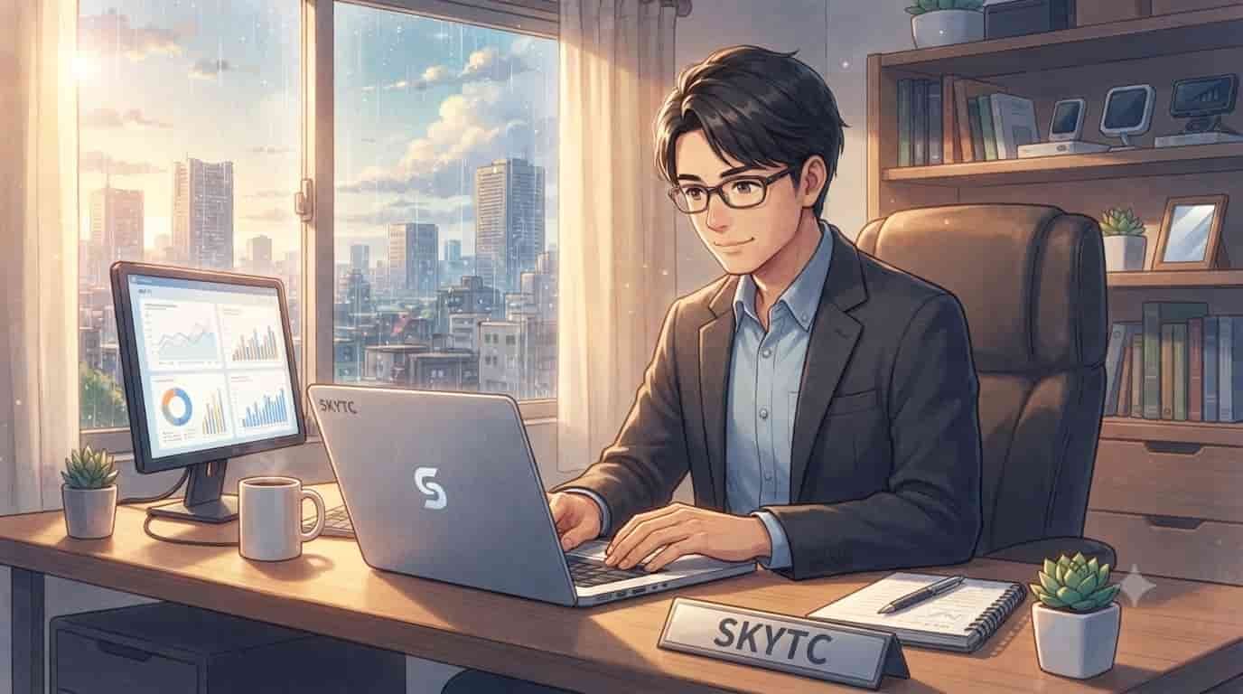 A 35-year-old professional using budget-friendly tech tools for smart work in a modern office, featuring a SKYTC branded desk setup.