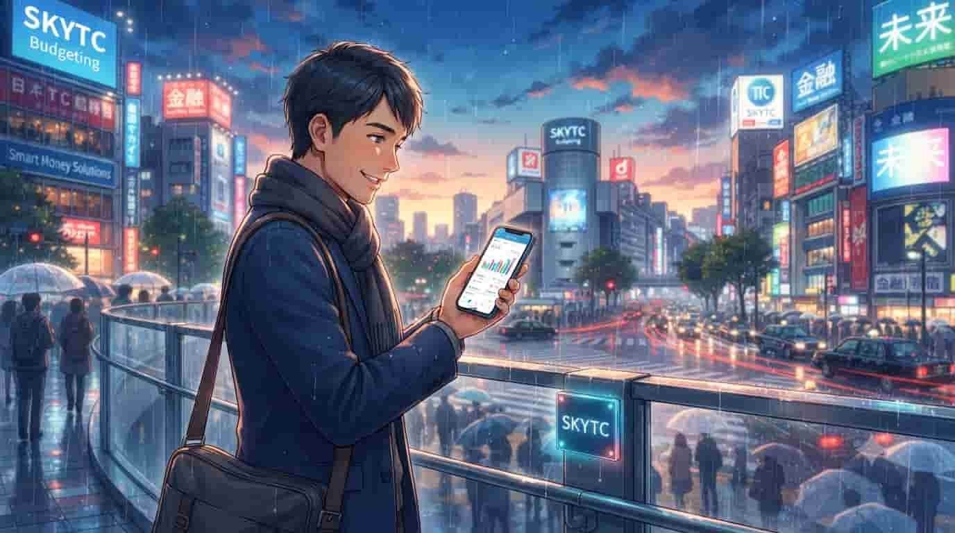 An anime-style illustration of a 35-year-old man using the SKYTC budgeting app on his phone in a rainy Tokyo cityscape.(Descritivo e rico em palavras-chave.)