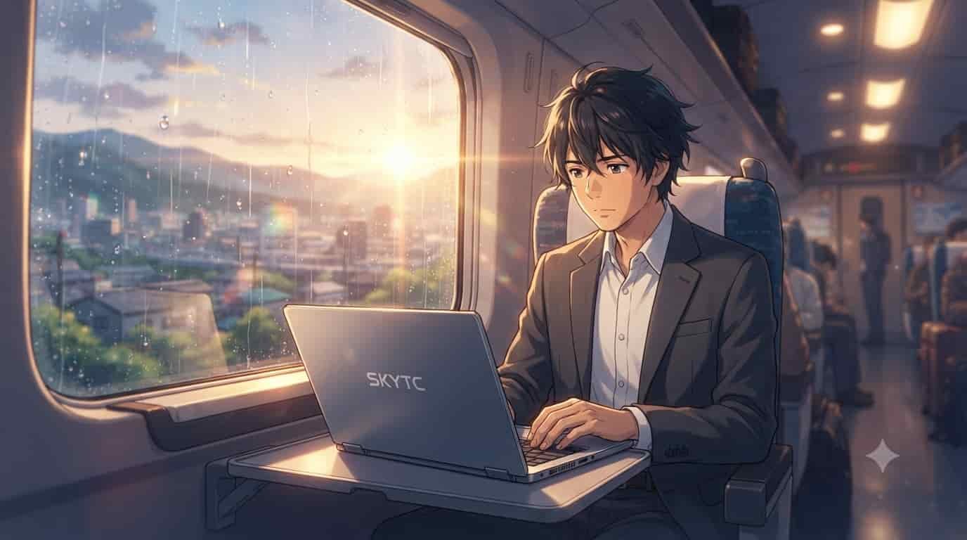 An anime-style illustration of a businessman working on a durable laptop aboard a high-speed train during sunset, capturing the Makoto Shinkai aesthetic with the brand 'SKYTC' visible on the screen.