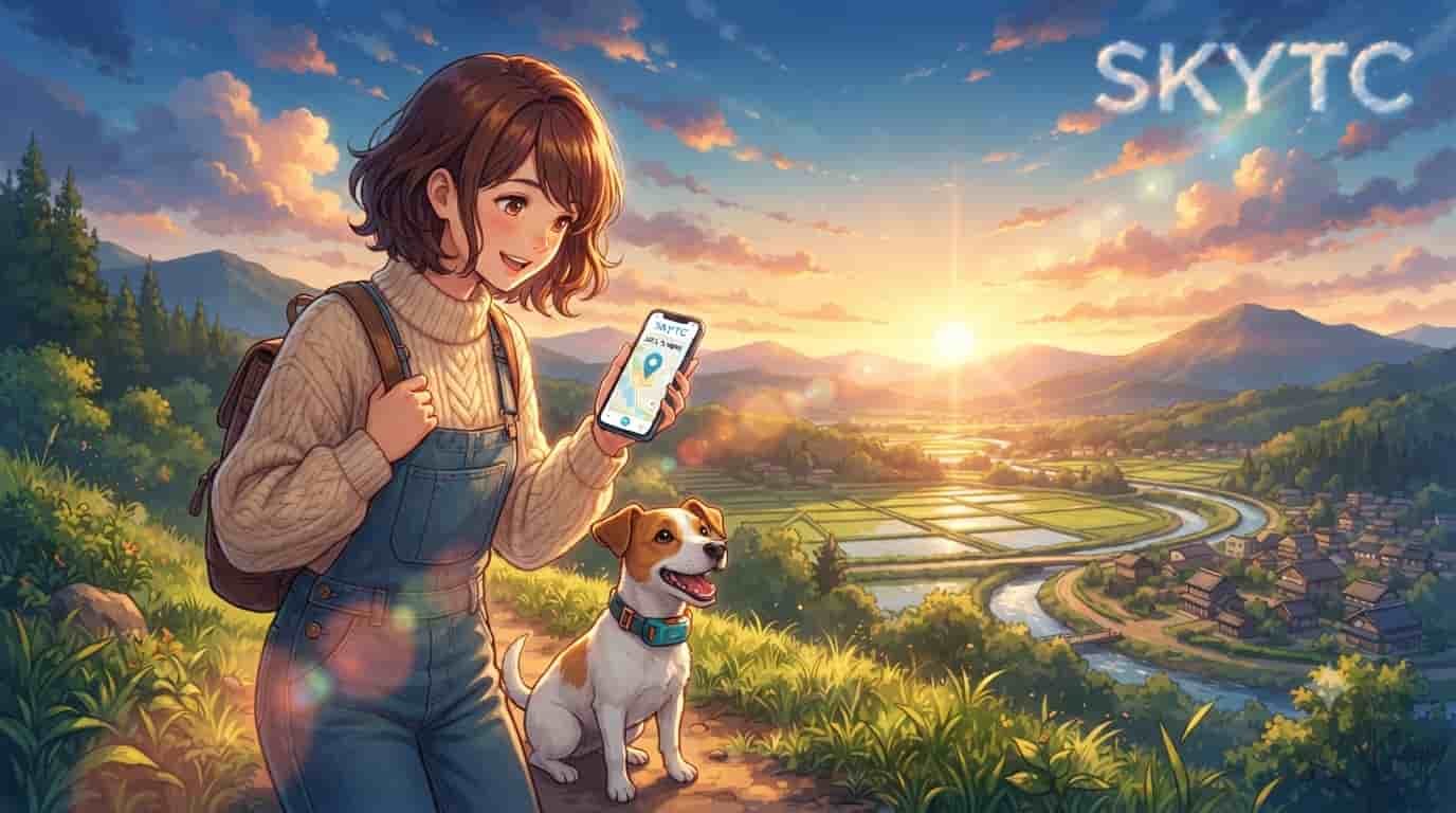 An anime illustration inspired by Makoto Shinkai of a woman hiking with a Jack Russell wearing a GPS collar, with 'SKYTC' in the clouds.