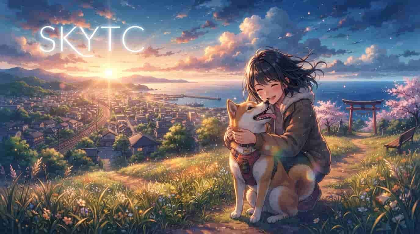 An anime-style illustration of a happy girl hugging a Shiba Inu with a SKYTC GPS tracker, overlooking a coastal town at sunset.