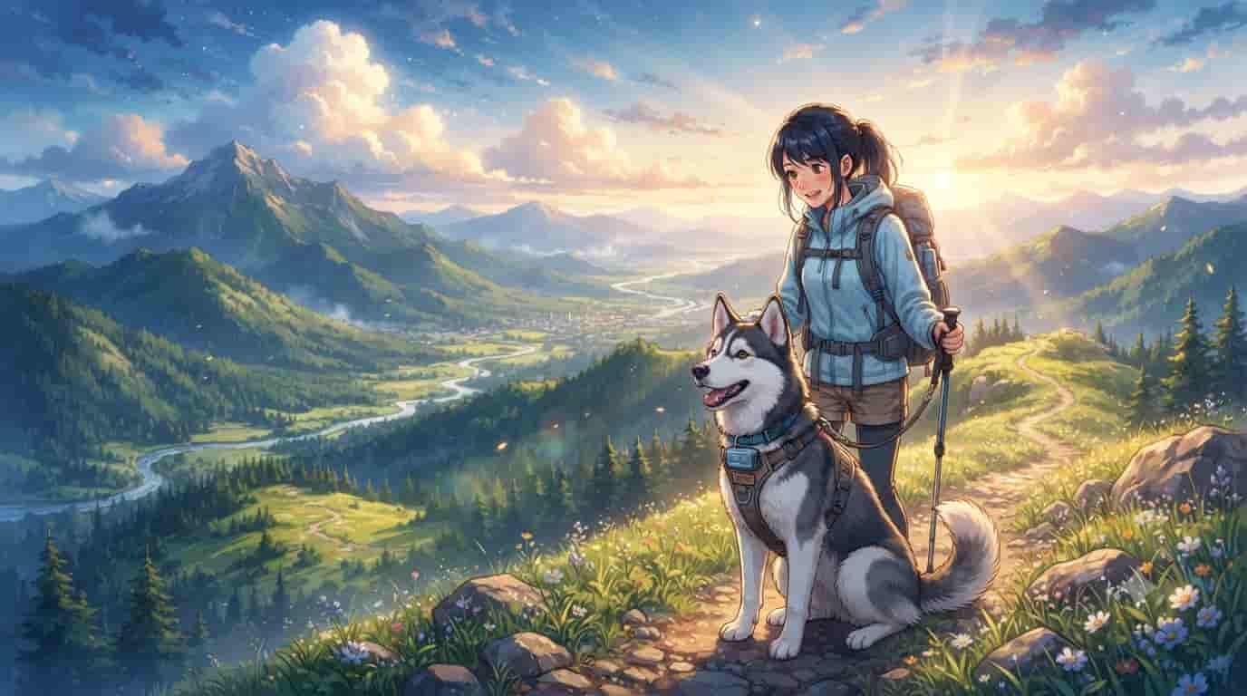 An anime-style illustration of a hiker and her Siberian Husky on a mountain trail, with the dog wearing a GPS tracker showing the SKYTC logo.