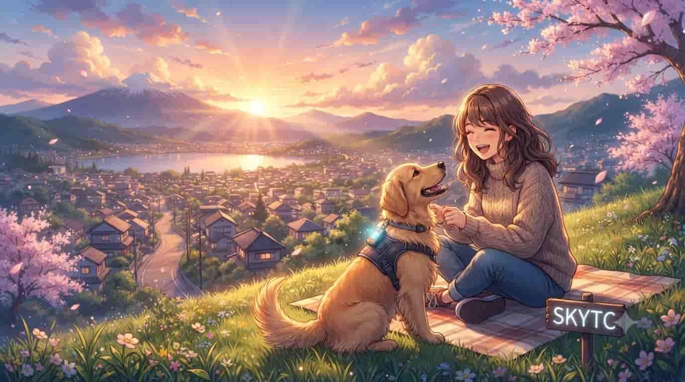 An anime-style illustration of a smiling woman and her Golden Retriever wearing a GPS tracker collar on a hillside overlooking a town and Mount Fuji at sunset.