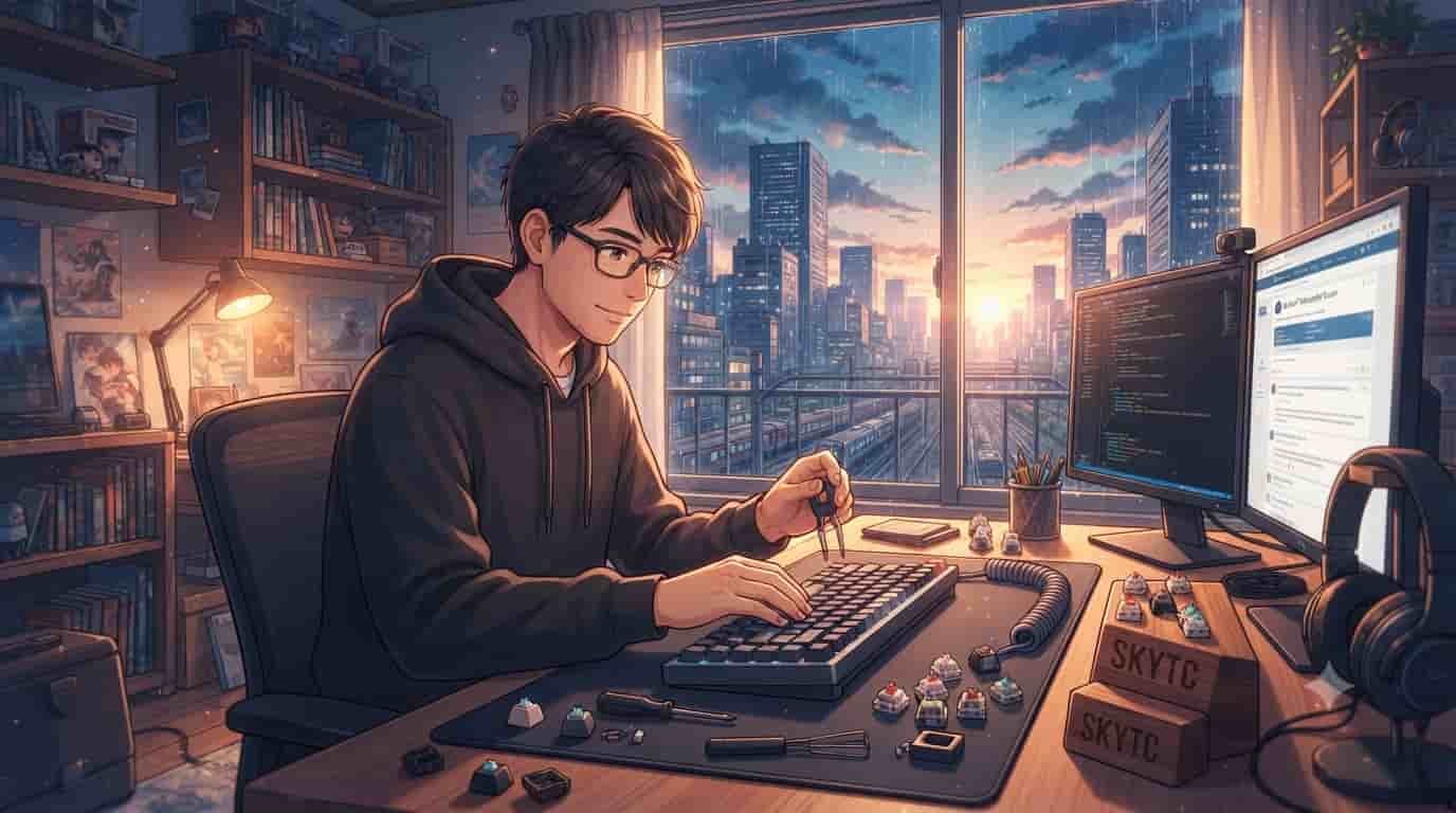 Ilustração estilo anime de um usuário de teclado mecânico customizando um modelo hot-swappable com a marca SKYTC no fundo, em frente a um pôr do sol urbano.
