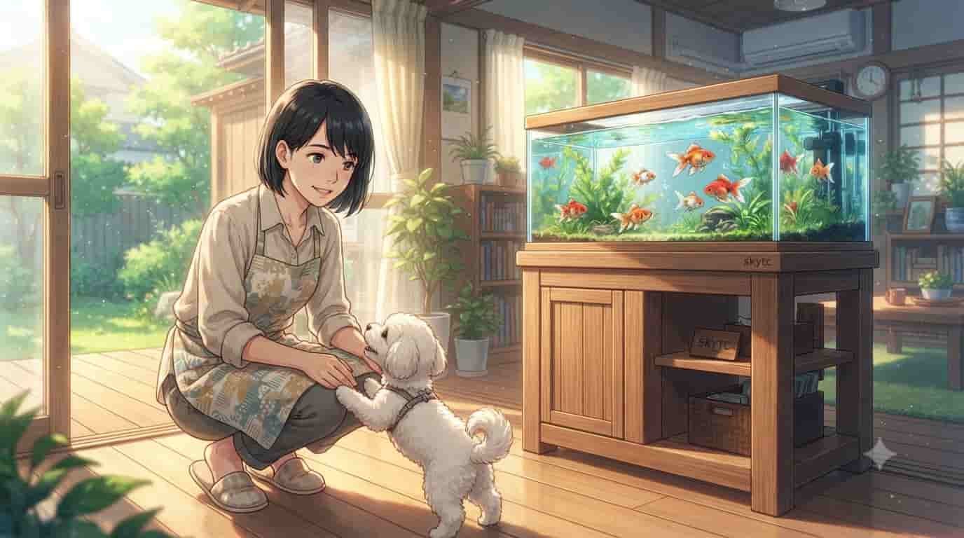 A 45-year-old woman and her Maltipoo dog next to a large goldfish tank on a wooden stand labeled SkyTC.