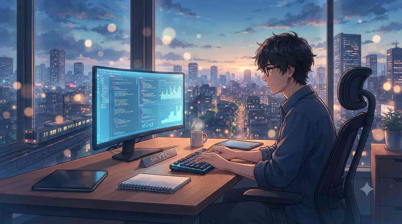 A male tech manager working in a high-rise office with a Tokyo cityscape, typing on a low-profile mechanical keyboard with the "SKYTC" logo visible.