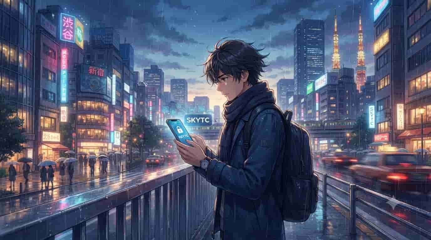 An anime-style illustration of a man using a mobile wallet app with secure encryption on a rainy Tokyo street, featuring the SKYTC brand.