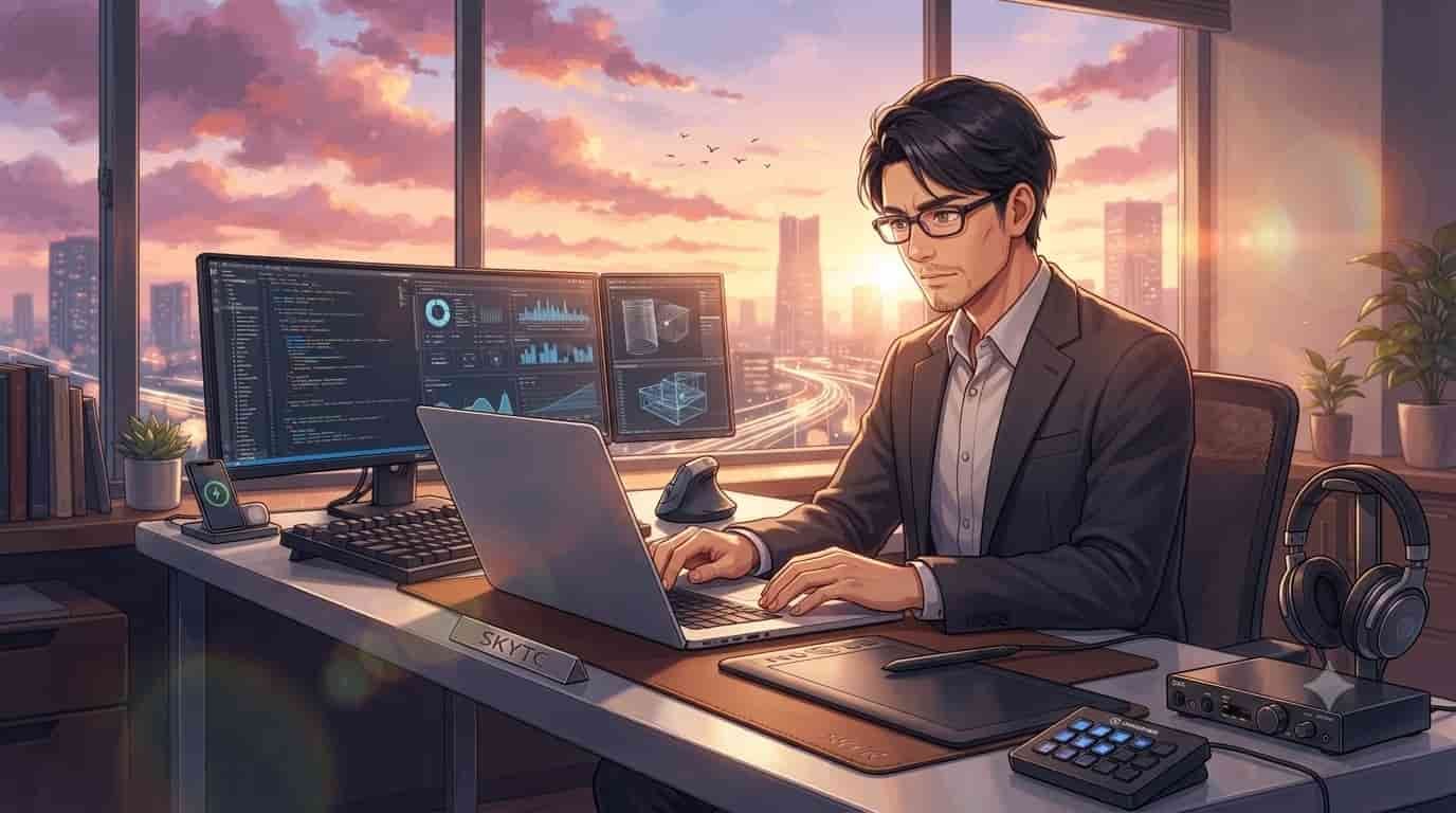 A 35-year-old professional man working at a desk filled with high-end power user gadgets and elite tech tools for productivity, featuring SKYTC branding.