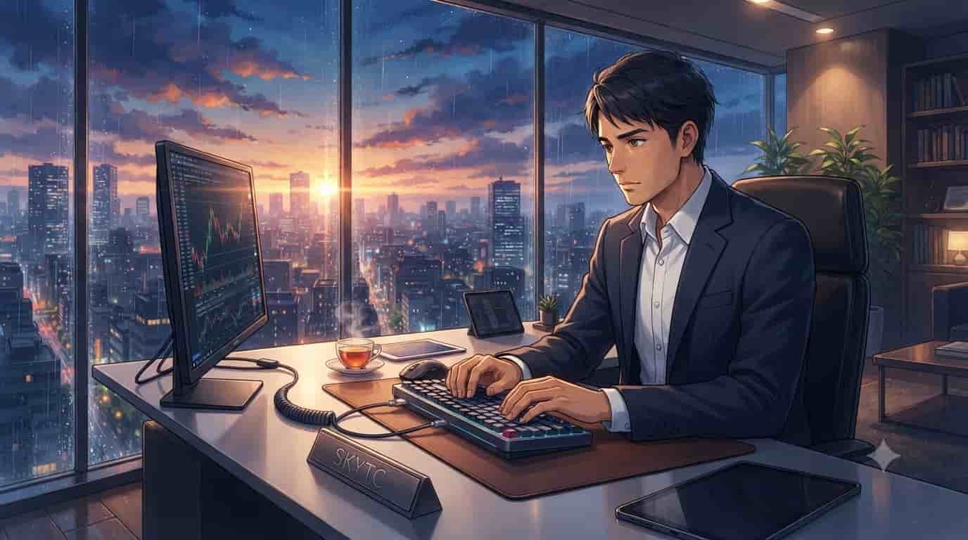 A professional executive typing on a sleek SKYTC premium aluminum mechanical keyboard in a high-rise office overlooking a Tokyo cityscape at sunset.