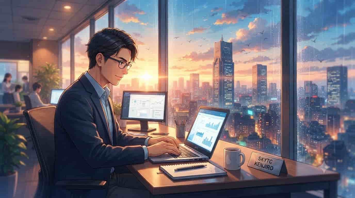 A 35-year-old professional man using a SKYTC laptop in a modern office overlooking the Tokyo skyline at sunset, illustrating a professional laptop buying guide.