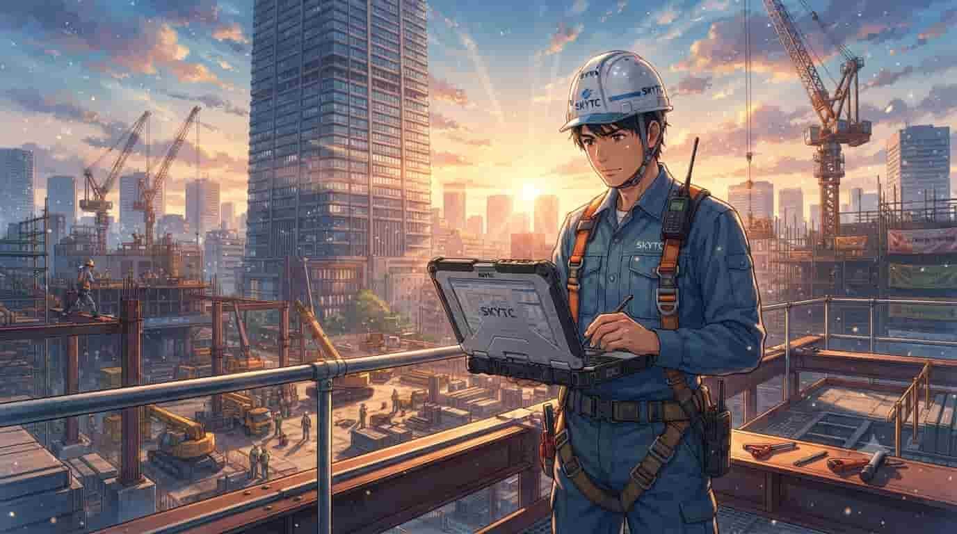 A construction manager uses a durable SKYTC rugged laptop on a high-rise site at sunset.