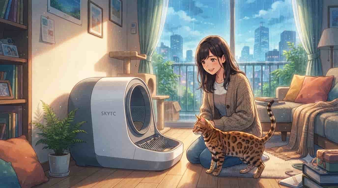Anime illustration of a woman and a Bengal cat with a SKYTC self-cleaning litter box in a rainy Tokyo apartment.