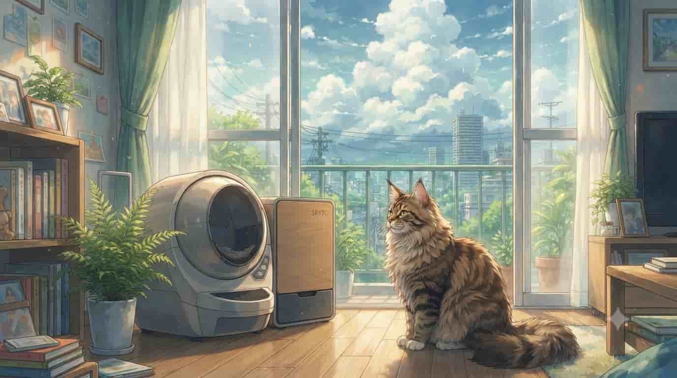 Anime-style illustration of a large Maine Coon cat sitting in a sunlit apartment next to a modern SKYTC self-cleaning litter box with a cityscape view.