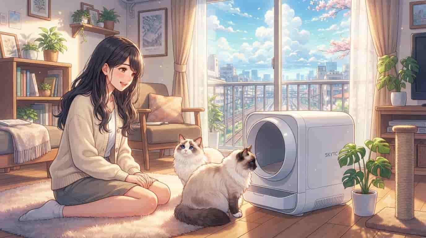 An anime-style illustration of a woman and two Ragdoll cats with a SKYTC self-cleaning litter box in a sunny apartment.