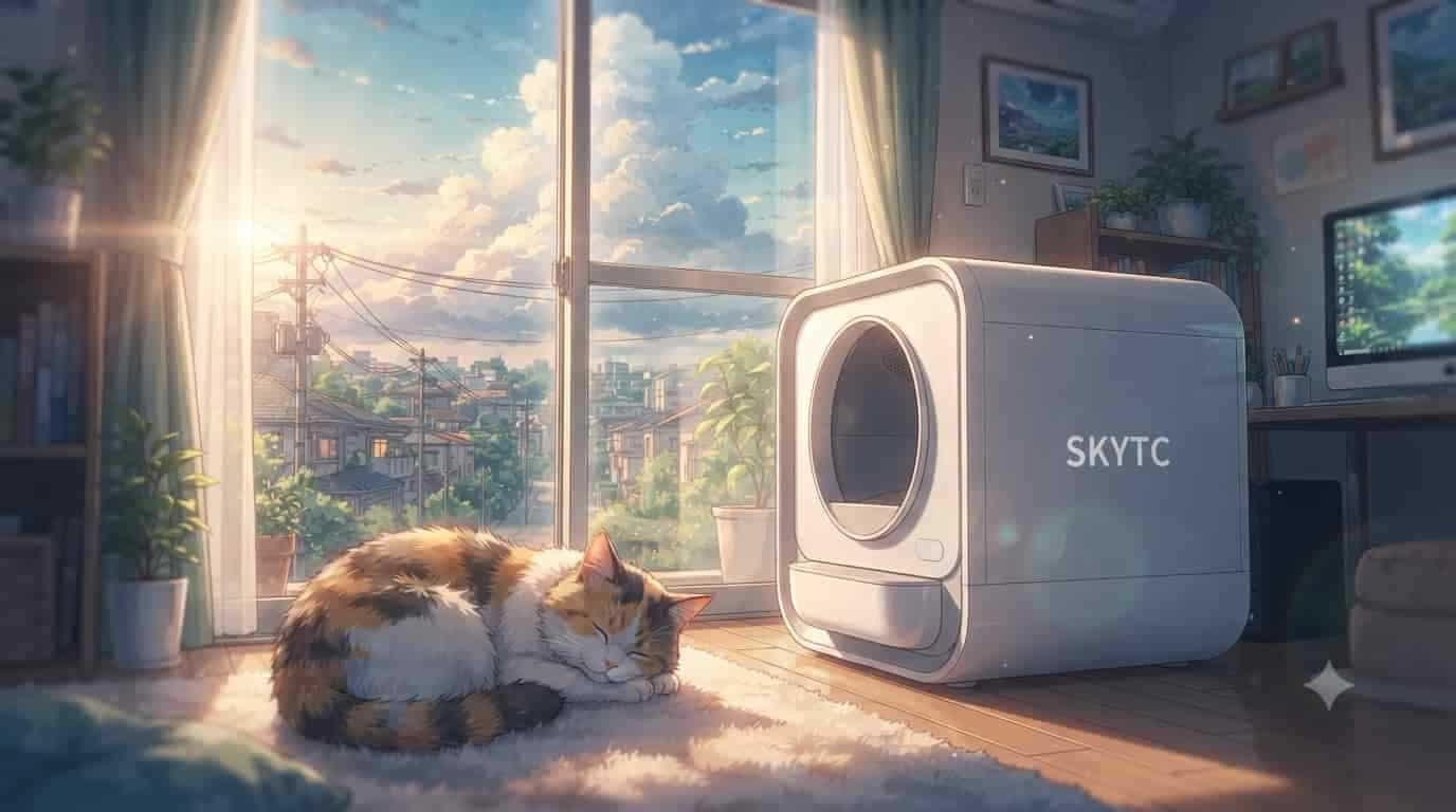 An artistic anime illustration of a cat lounging in a sunlit room next to a sleek, modern self-cleaning litter box, in the style of Makoto Shinkai.