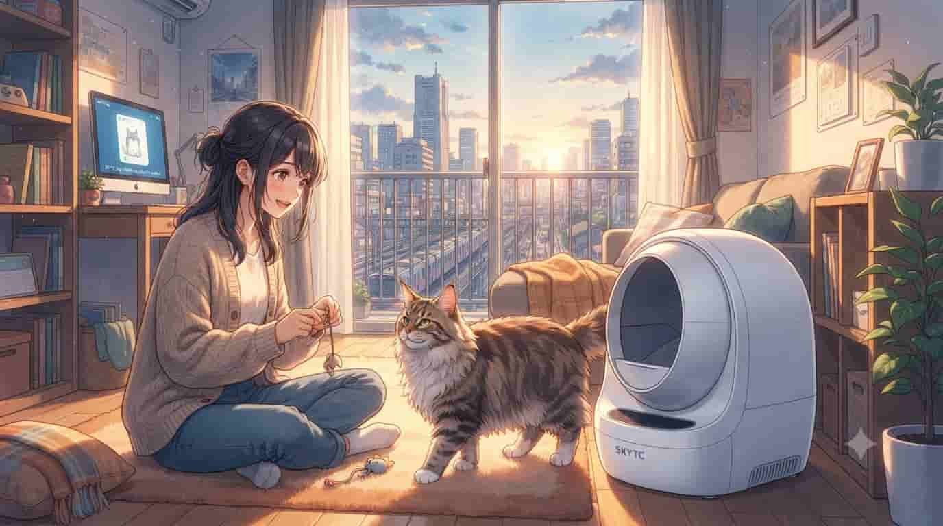 A woman plays with her large Maine Coon cat in a sunlit apartment living room next to a sleek, white SKYTC smart litter box.