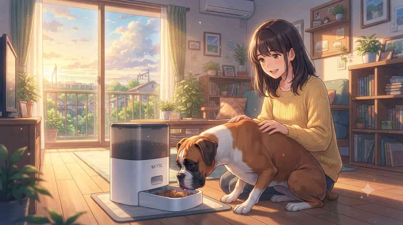 A woman petting her Boxer dog while it eats from a modern SKYTC automatic timed feeder in a sunlit living room.