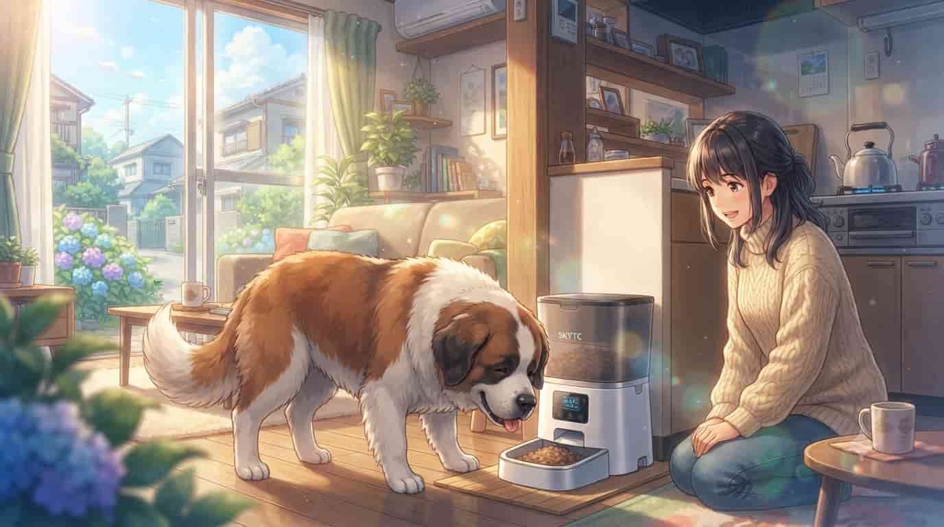 A large Saint Bernard dog eating from a modern SKYTC timed automatic feeder in a sunlit Japanese-style living room while a smiling woman watches.