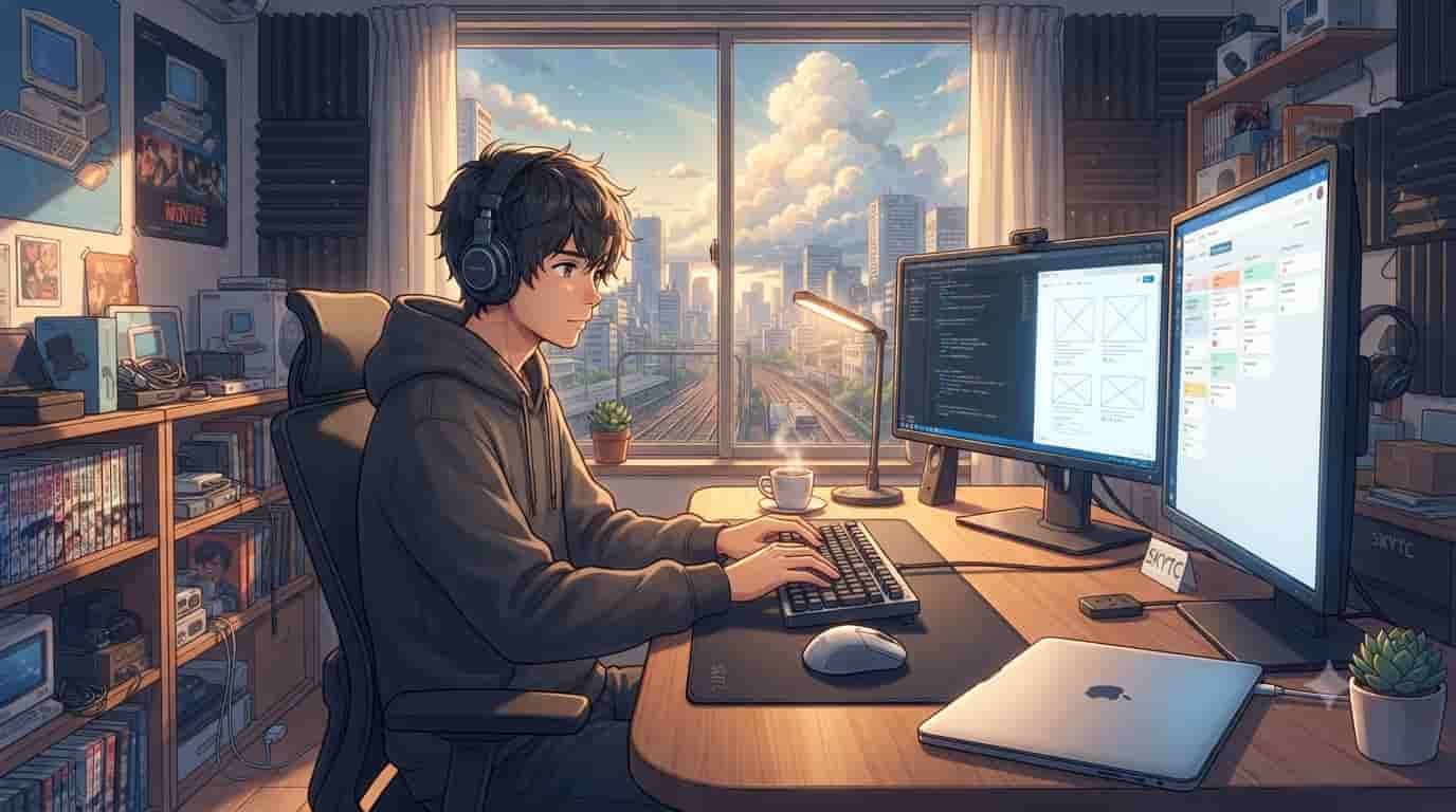 An anime-style illustration of a freelancer working at a tech-heavy desk with a dual-monitor setup in a cozy room, inspired by Makoto Shinkai’s visual style.