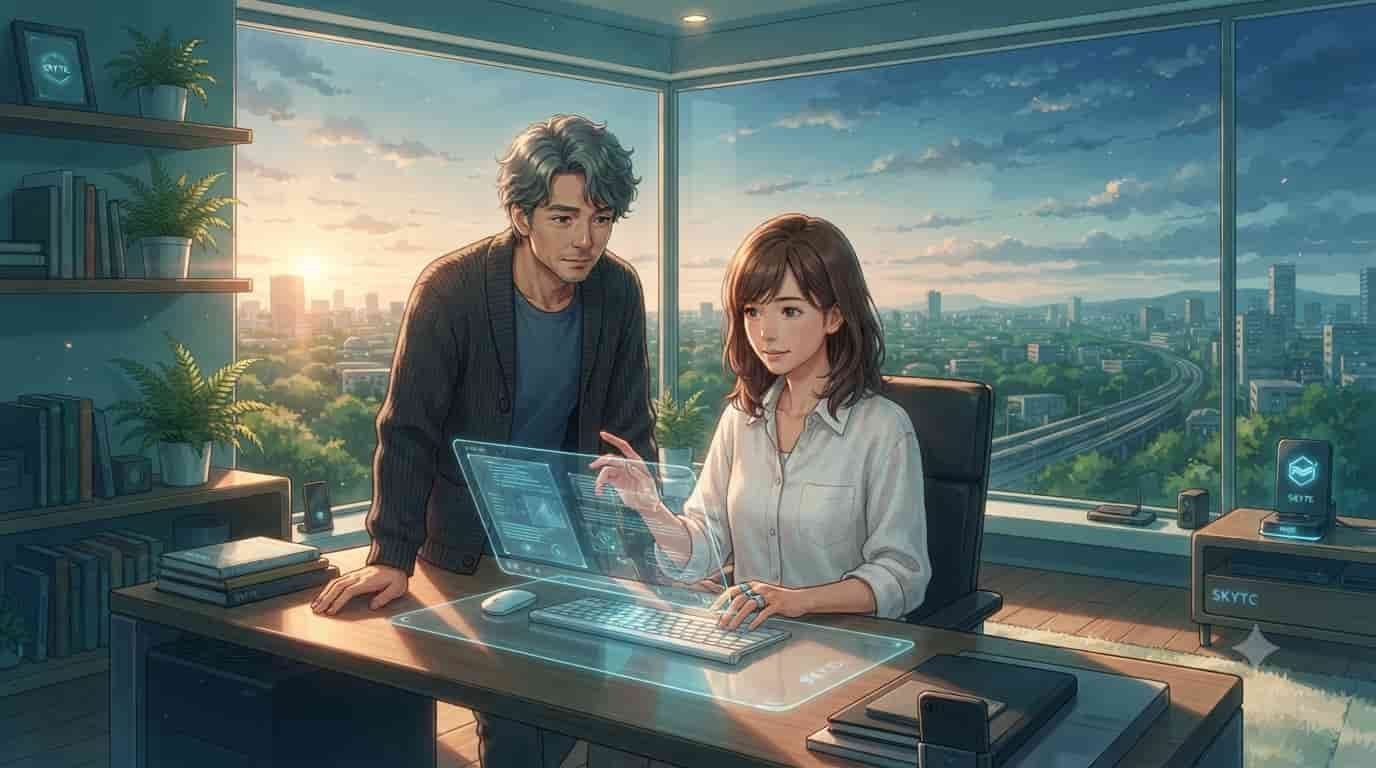 A man and woman in their 40s using advanced holographic technology in a high-rise office with a sunset cityscape, implementing SKYTC biohacking protocols for mental clarity.