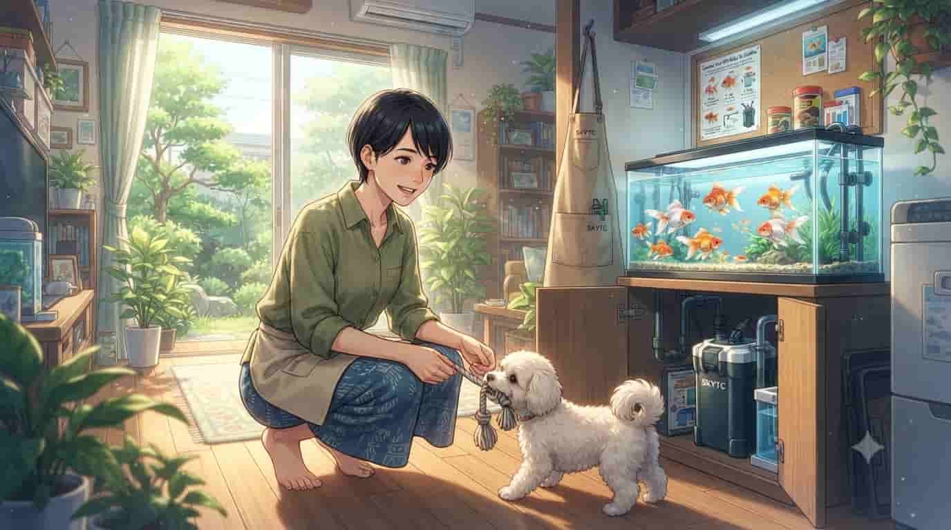 A 45-year-old woman and her Maltipoo dog in a sunlit room next to a goldfish aquarium setup with a Skytc canister filter.