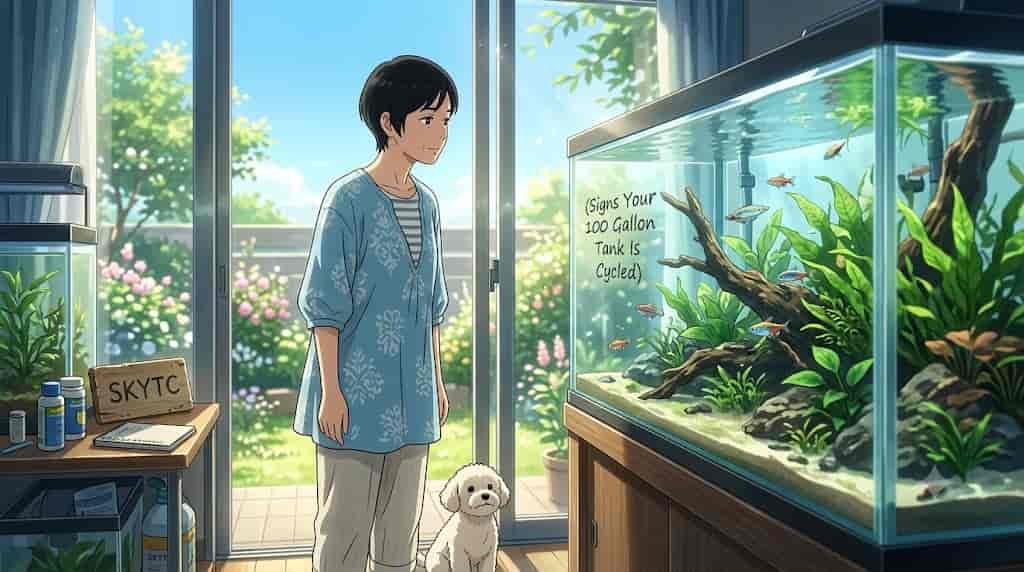 An anime illustration of a happy Japanese woman with her fluffy Maltipoo dog in a sunlit room, observing a healthy 100-gallon fish tank with crystal clear water and active fish.