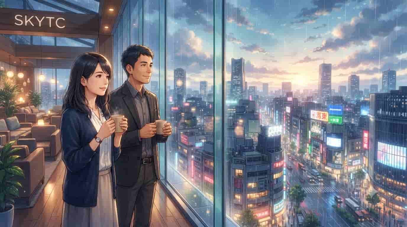 An anime-style illustration of a 40-year-old couple looking at a rainy Tokyo cityscape, representing mental clarity and calm after following clinical protocols to clear mental fog, with the 'SKYTC' logo visible.