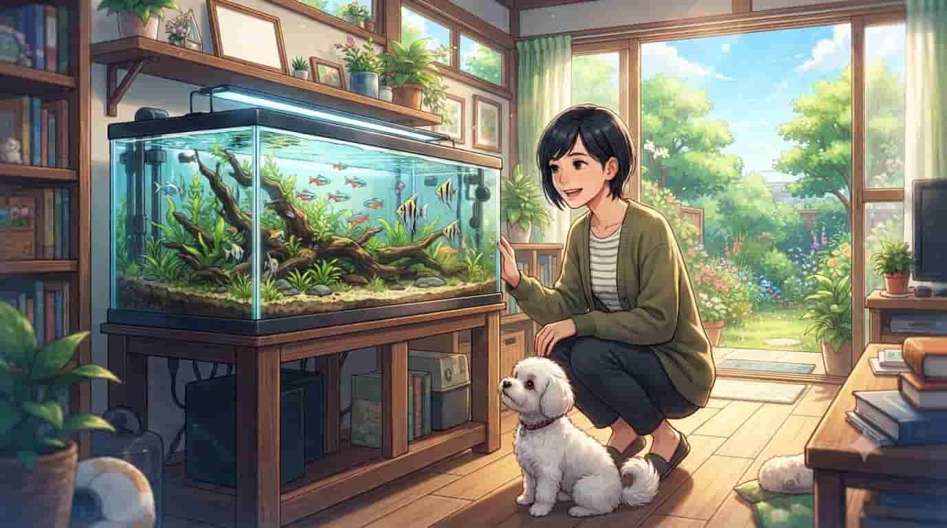 A Japanese woman and her small white dog crouching and smiling at a large, lush freshwater planted aquarium in a sunlit room.