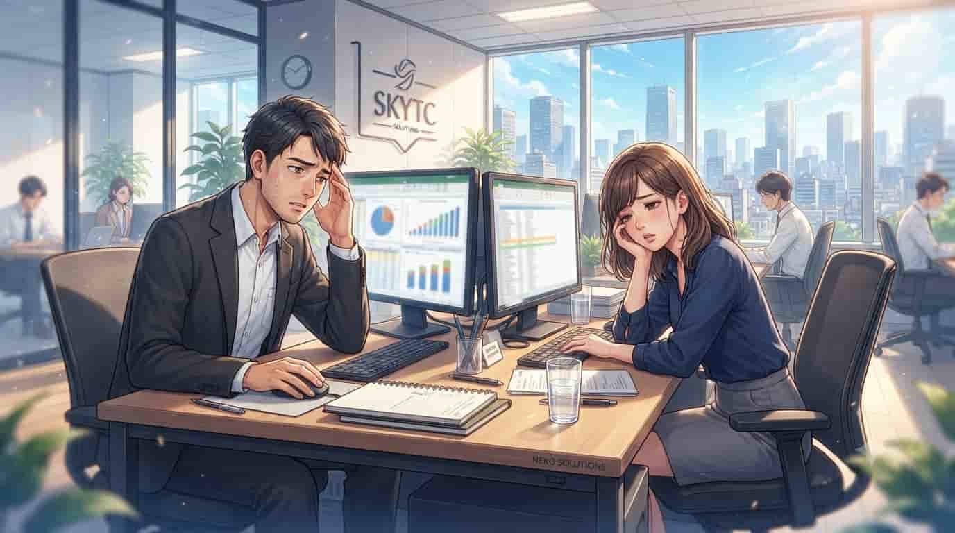 Anime illustration of a 40-year-old man and woman in a sunlit office experiencing fatigue and brain fog, with empty water glasses on their desks. The SKYTC logo is visible on the wall.