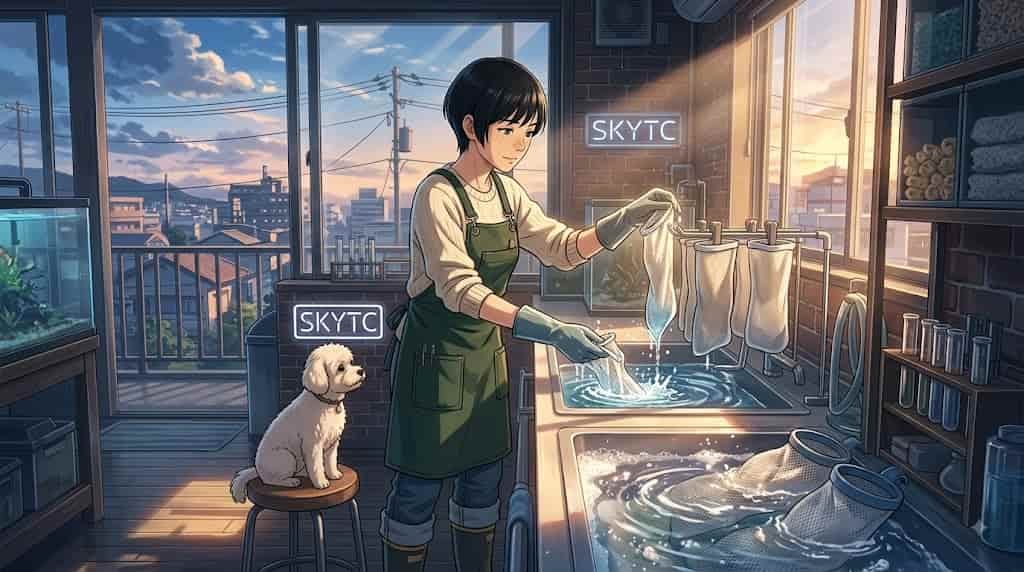 An artistic illustration showing a woman cleaning aquarium sump filter socks efficiently, referencing SKYTC methods, accompanied by a white Maltipoo.